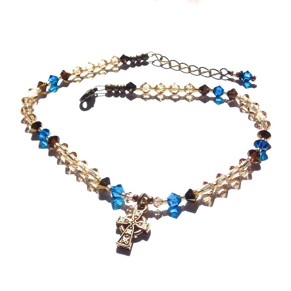 Ankle Bracelet Celtic Cross Charm Topaz Zircon